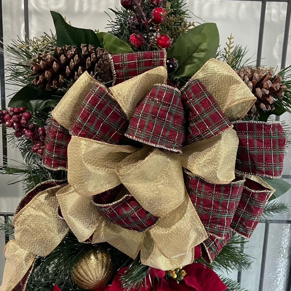 **Burgundy Poinsettia Christmas Teardrop Swag Wreath Front door